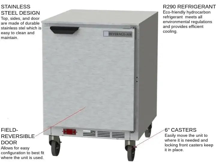 Beverage Air UCR24AHC 24'' 1 Section Undercounter Refrigerator with 1 Right Hinged Solid Door and Front Breathing Compressor