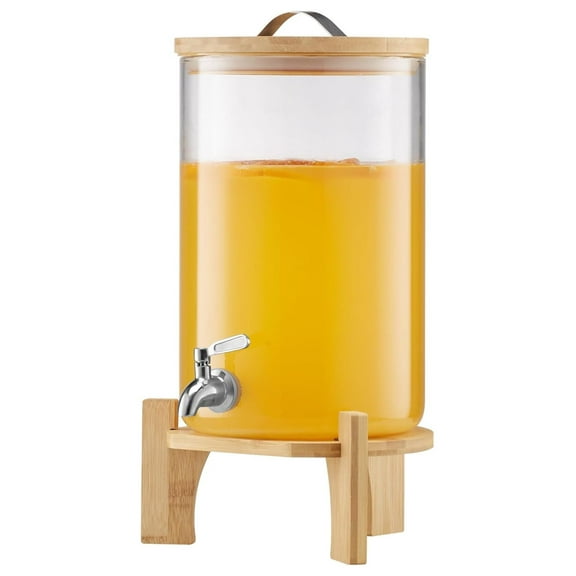 Beverage Dispenser, 2.2 Gallon Drink Dispensers for Parties, Glass Juice Dispenser with Wood Stand, Stainless Steel Spigot, Iced Tea Lemonade Juice Water Dispensers for Parties