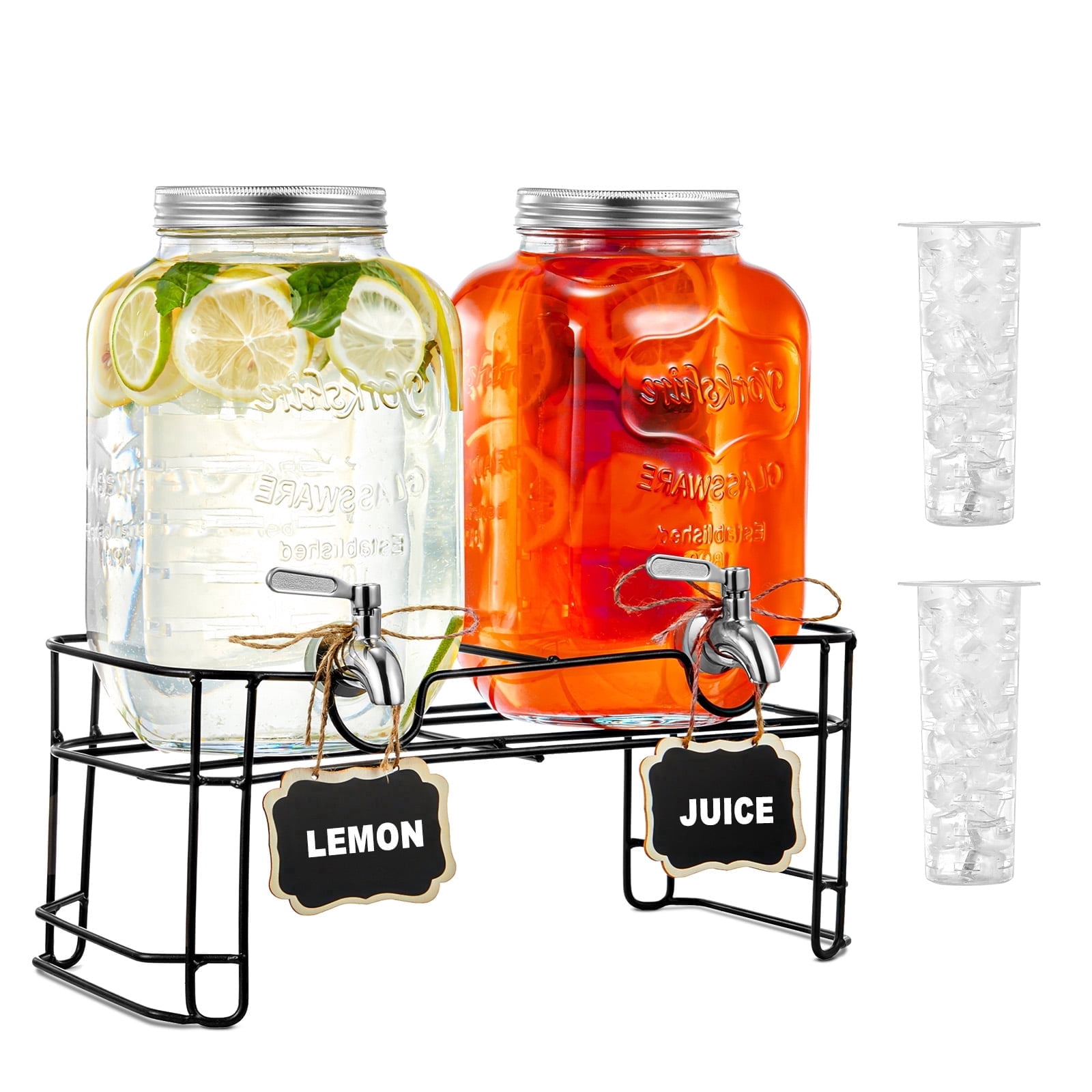 Beverage Dispenser, 2 Pack 1 Gallon Drink Dispensers for Parties, with Leakproof Stainless Steel Spigot, Stand, Infuser, for Christmas, BBQ, Picnic, Lemonade, C
