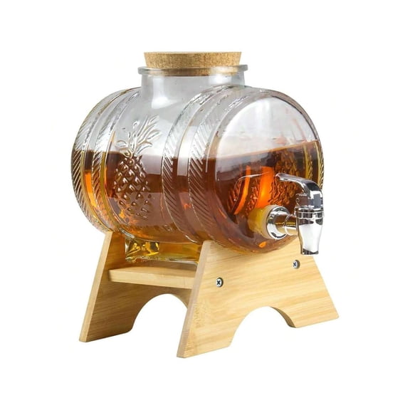 Beverage Dispenser With Wooden Stand, Glass Drink Dispenser With Spigot And Lid, Glassware Drink Dispenser For Juice, Wine, Cold Drinks Suitable For Bar Party Daily Use, 5L