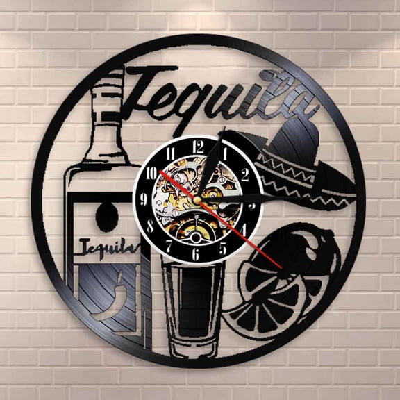 Beverage Dringking Vinyl Record Wall Clock Tequila Time Wall Art Vintage Wall Clock Drinking Bar Pub Wall Sign Wine Guy Gift