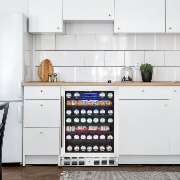 Beverage Fridge, 24'' Under Counter Beverage Refrigerator, 166 Can Capacity Mini Fridge with Glass Door, Intelligent Digital Control Beverage Cooler for Drink, Beer, Soda, Water