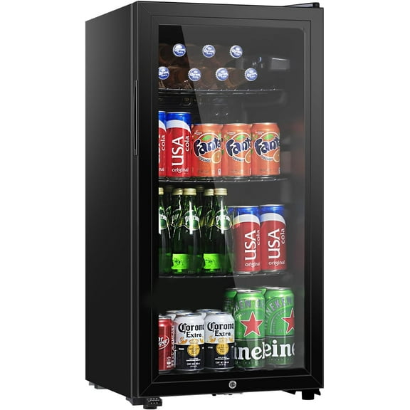 Beverage Refrigerator, 3.2 Cu. Ft, Mini Fridge with Glass Door for Soda Beer, Freestanding Beverage Cooler for Office, Bar, Adjustable Shelving&Adjustable Foot