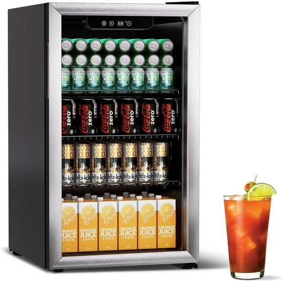 Beverage Refrigerator Cooler, 105 Can/3.0 Cubic Feet Mini Fridge with Glass Front Door, Digital Display Small Refrigerator with Adjustable Shelves for Soda, Beer or Wine