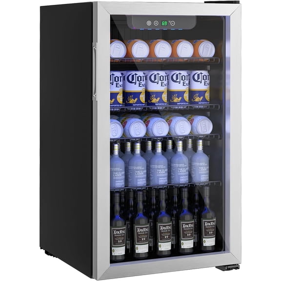 Beverage Refrigerator and Cooler, 110 Can/3.1 Cu Ft Mini Fridge with Glass Door, Adjustable Shelves for Soda,Bee,Wine, Free Standing Small Refrigerator, Digital Display, for Home, Bar, Office