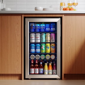 Qunler 130 Can Beverage Cooler Refrigerator with Glass Door for Beer Soda Water, Drink Fridge for Home Bar, Silver