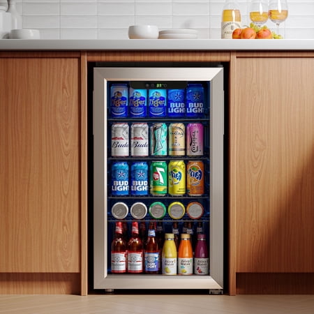 Qunler 130 Can Beverage Cooler Refrigerator with Glass Door for Beer Soda Water, Drink Fridge for Home Bar, Silver