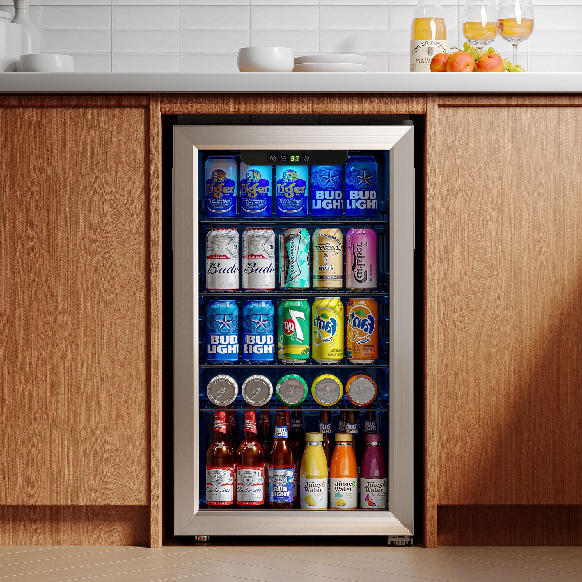 Qunler 130 Can Beverage Cooler Refrigerator with Glass Door for Beer Soda Water, Drink Fridge for Home Bar, Silver