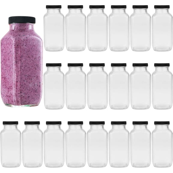 Beverages Drinking Bottles 12oz,Glass Water Botttle with Lids,Octagonal Vintage 350ml,Juice Bottles for Storage Tea,Kombucha,Milk Smoothies Jars 20Pack