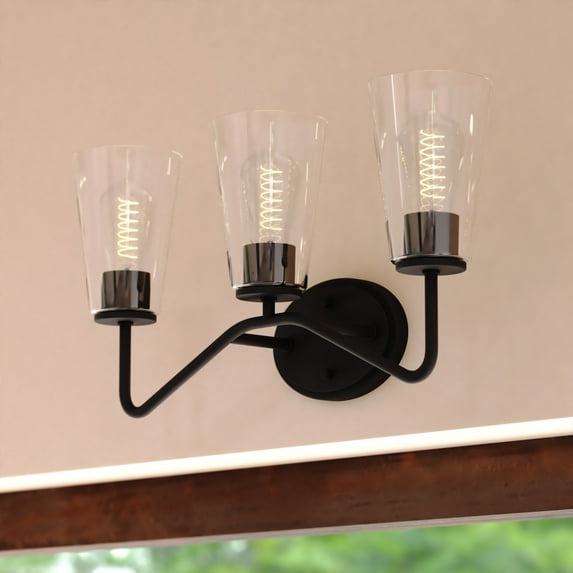 Beverly 3 Light Matte Black Bathroom Vanity Fixture Clear Glass Shade, LED Compatible