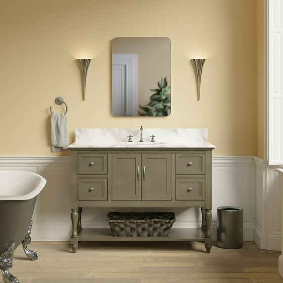 Beverly 48" Bathroom Vanity with Weathered Gray Cabinet and Carrara Marble Top