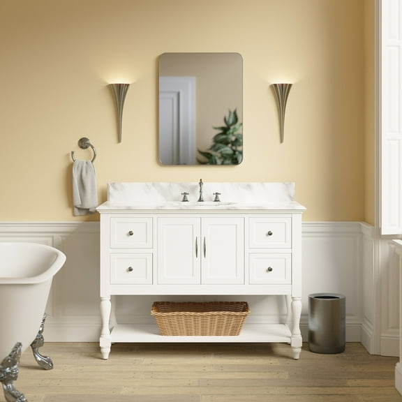 Beverly 48" Bathroom Vanity with White Cabinet and Carrara Marble Top