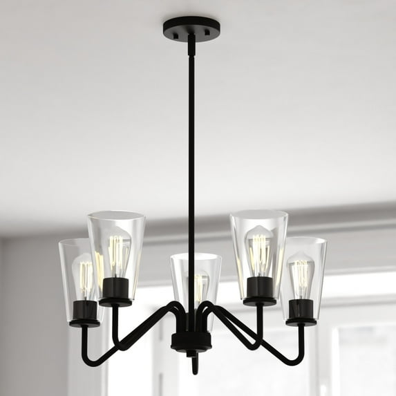 Beverly 5 Light Matte Black Chandelier Fixture Clear Glass Shade, LED Compatible