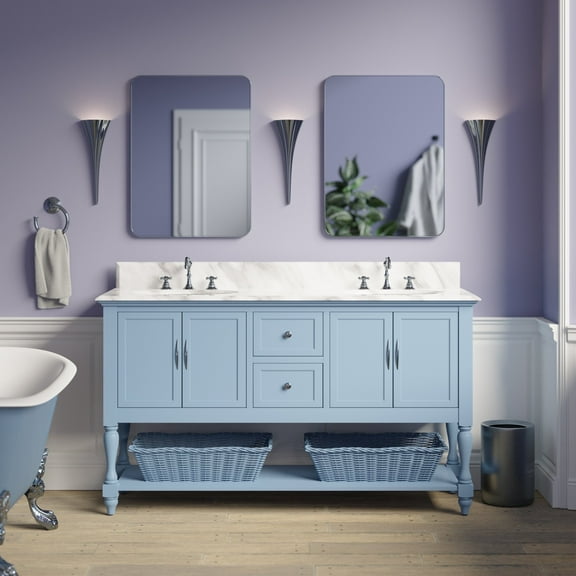 Beverly 60" Double Bathroom Vanity with Powder Blue Cabinet and Carrara Marble Top