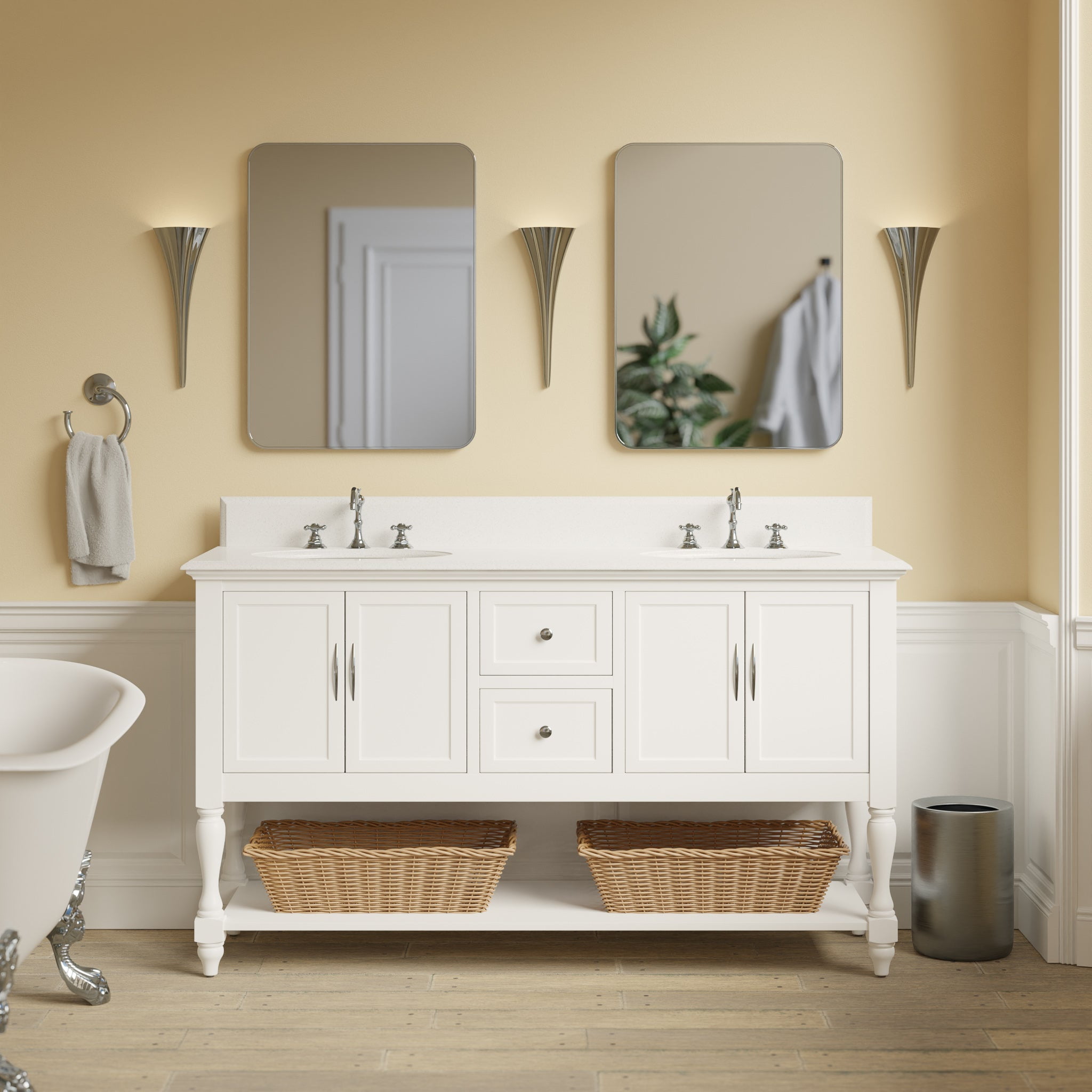 Beverly 60" White Solid Wood Double Bathroom Vanity with Quartz Top