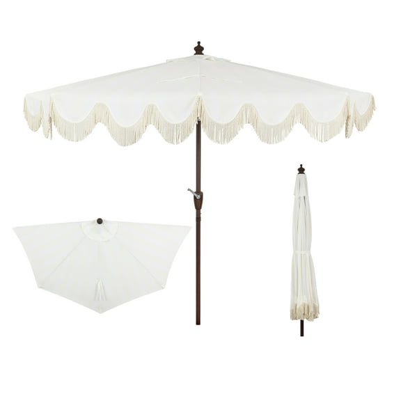JONATHAN Y Beverly 9 ft. Half Market Patio Umbrella, Designer Classic Scalloped Fringe with Crank, Tilt Button and UV Protection, Cream/White, Dark Brown Pole