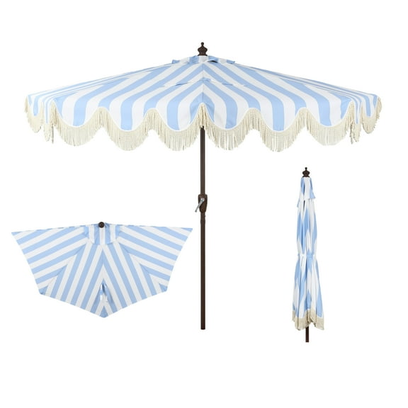Beverly 9 ft. Designer Classic Scalloped Fringe Half Market Patio Umbrella with Crank, Push Button Tilt and UV Protection in Light Blue/White