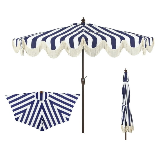 JONATHAN Y Beverly 9 ft. Half Market Patio Umbrella, Designer Classic Scalloped Fringe with Crank, Tilt Button and UV Protection, Navy/White, Dark Brown Pole