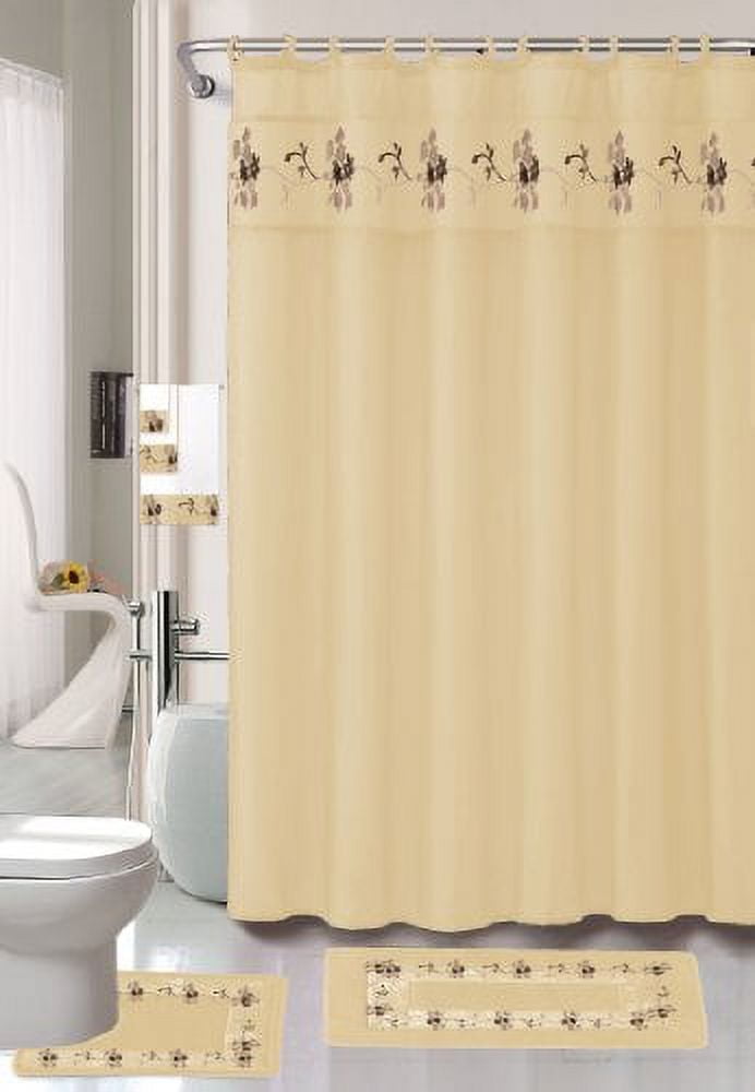 AHF/WPM Beverly Beige 18-piece Bathroom Set: 2-rugs/mats, 1-fabric Shower Curtain, 12-fabric Covered Rings, 3-pc. Decorative Towel Set