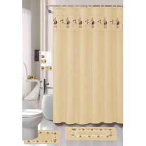 Beverly Beige 18-piece Bathroom Set: 2-rugs/mats, 1-fabric Shower Curtain, 12-fabric Covered Rings, 3-pc. Decorative Towel Set