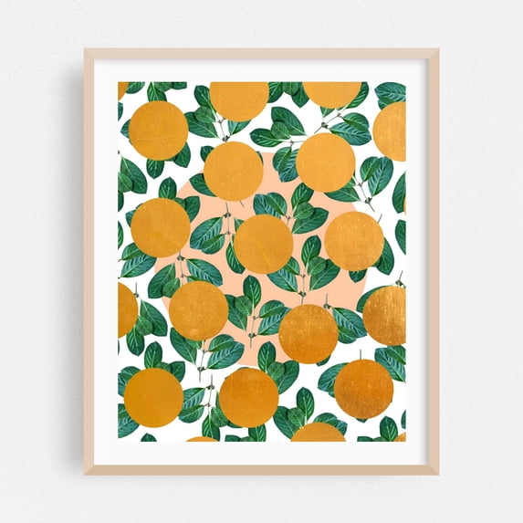 Beverly Botanical Abstract Tropical - Mixed Media Fruit Pattern Botanical Geometric Modern Art Pop Art Tropical Oak Framed Wall Art Print 9 x 12 inches