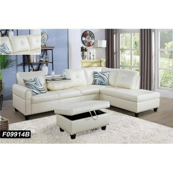 Beverly Fine Funiture F09914B Sectional Couch Sofa Set with Ottoman Right Facing Build-in Coffee Table White Faux Leather - 3 Piece