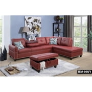 Beverly Fine Funiture F09915B Sectional Couch Sofa Set with Ottoman Right Facing Build-in Coffee Table Red Faux Leather - 3 Piece