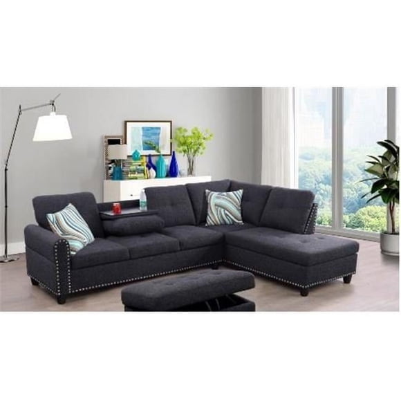Beverly Fine Funiture  Sectional Couch Sofa Set with Ottoman Right Facing Build-in Coffee Table Dark Grey Line - 3 Piece