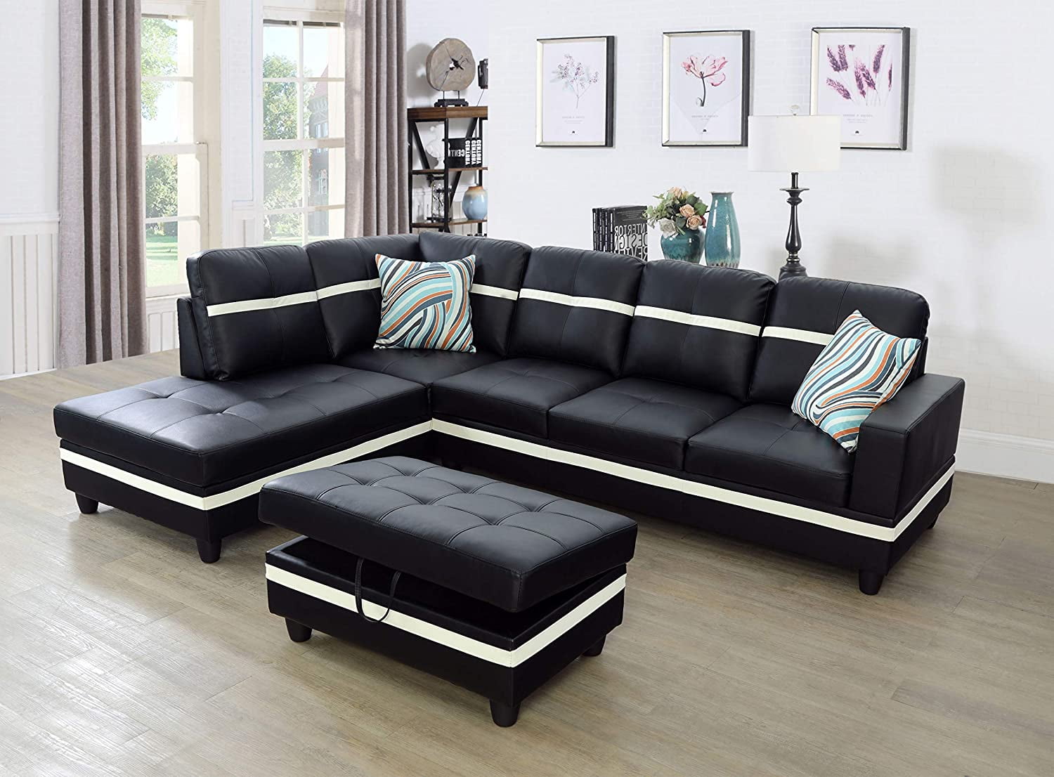Black leather 2024 sectional with ottoman