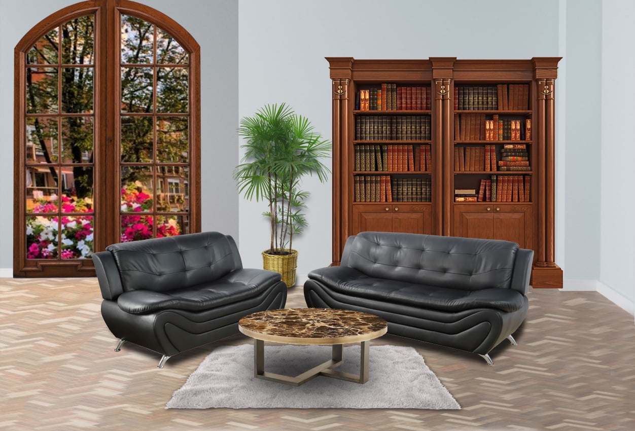 PonLiving Furniture 2 Piece Faux Leather Contemporary Living Room Sofa, Loveseat Set. Black