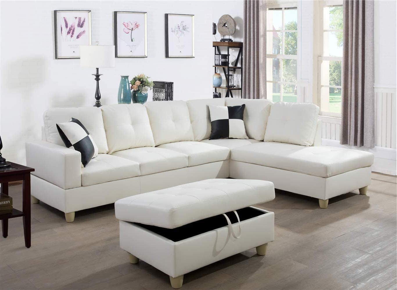 Beverly Fine Furniture Faux Leather Sectional Set, Living Room L-Shaped Modern Sofa Set, with Storage Ottoman and Matching Pillows, Right Facing White
