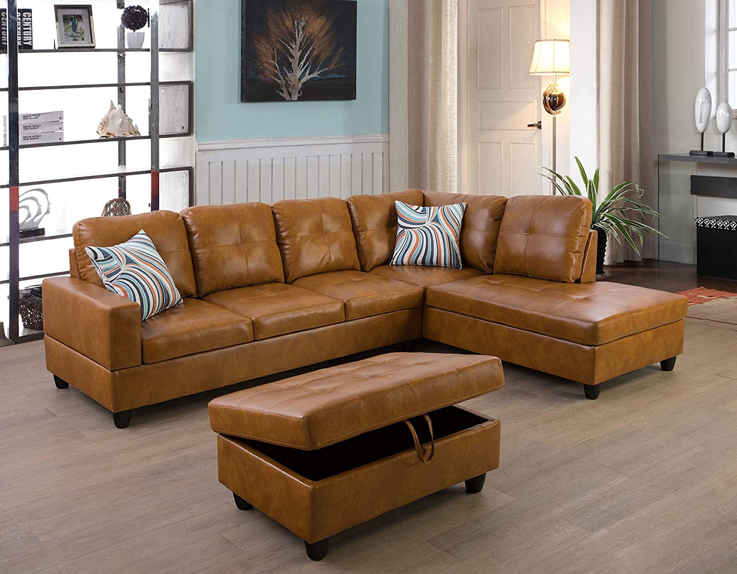 Beverly Fine Furniture Furniture Sectional Sofa Set, Living Room Sofa Set, Leather L Shape Sofa(Right Hand Facing,Ginger)