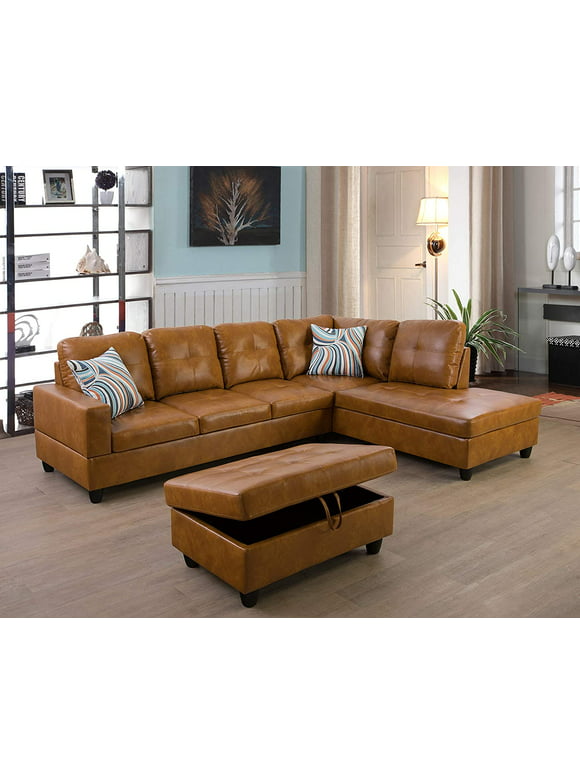 Beverly Fine Furniture Furniture Sectional Sofa Set, Living Room Sofa Set, Leather L Shape Sofa(Right Hand Facing,Ginger)