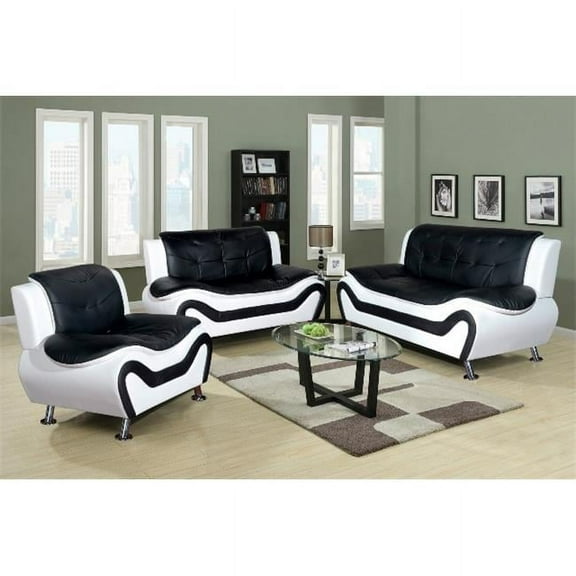 Beverly Fine Furniture Sydney Bold Faux Leather Living Room Sofa Set- Black & White - 3 Piece