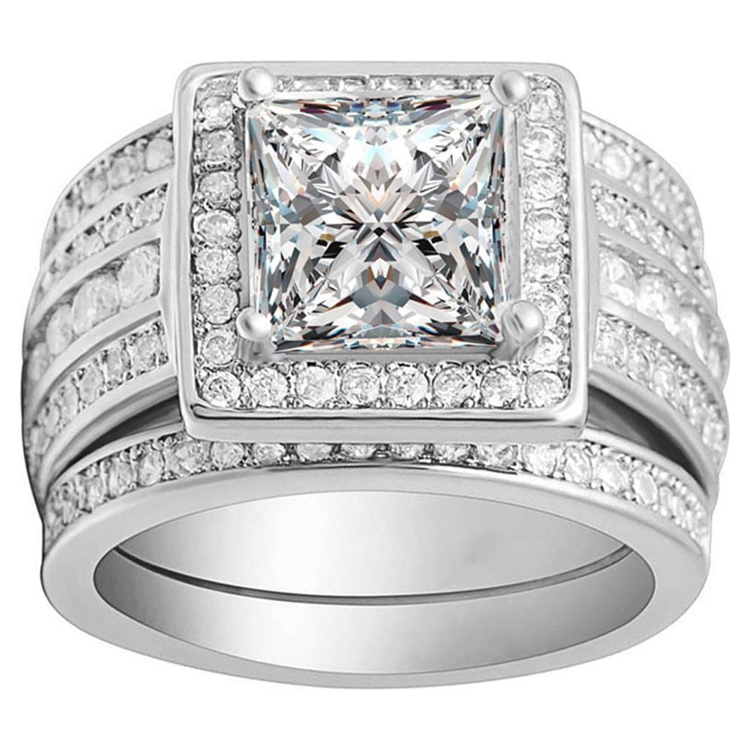 Beverly Halo Bridal Set Cz Engagement Ring Wedding Bands Ginger Lyne ...