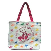 Beverly Hills Polo Club Adult Womens Canvas Tote Bag Fashion Zippered Shoulder Bag Double Handles Straps White