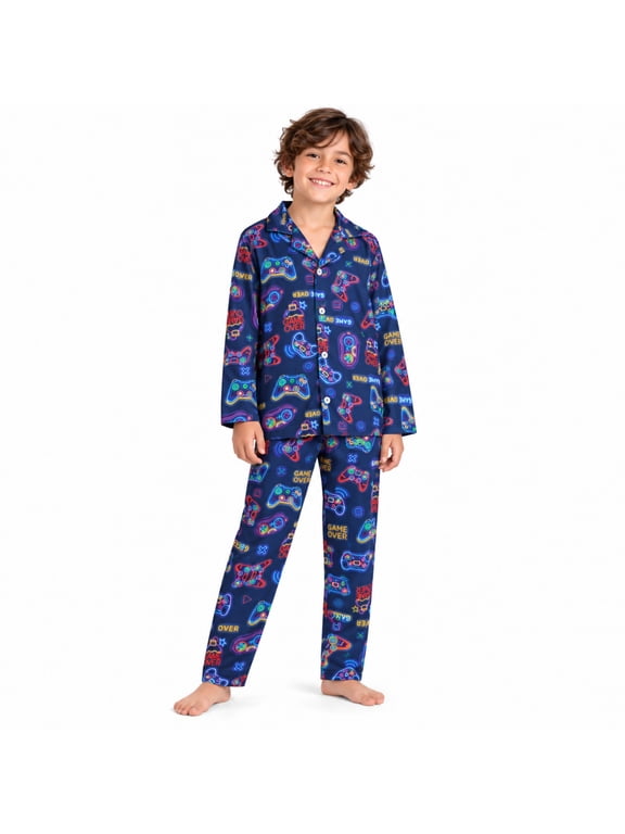 Boys Pajama Set 2-Piece Long-Sleeve Button-Up Shirt and Sleep Pants