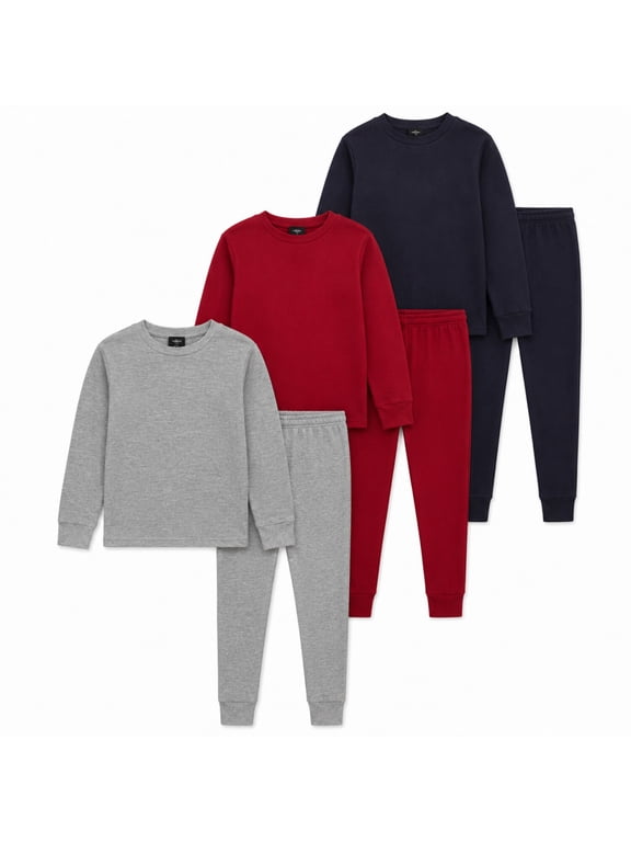 Boys Thermal Underwear Set Waffle Knit Top and Long Johns 6 Piece (2T-18), 2T Heather Grey/Red/Navy