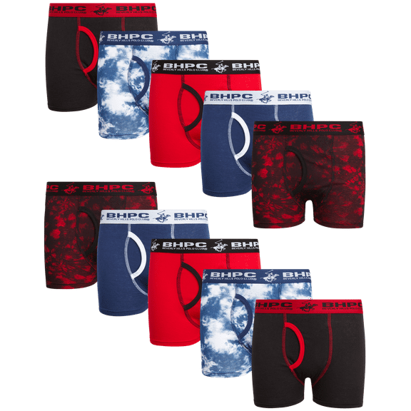 Beverly Hills Polo Club Boys' Underwear - 10 Pack Cotton Boxer Briefs (Size: 4-18)