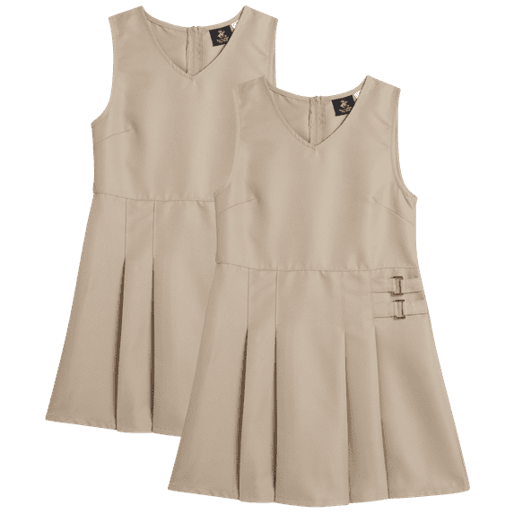 Beverly Hills Polo Club Girls' School Uniform Dress - 2 Pack Sleeveless Pleated Khaki Jumper Dress (4-16)