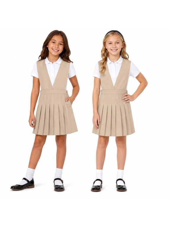 Girls School Uniform Jumper Dress VNeck Sleeveless Pleated Dress 2 Pack
