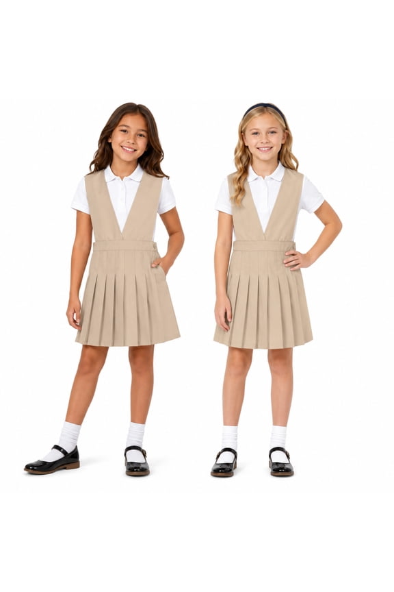 Girls School Uniform Jumper Dress VNeck Sleeveless Pleated Dress 2 Pack