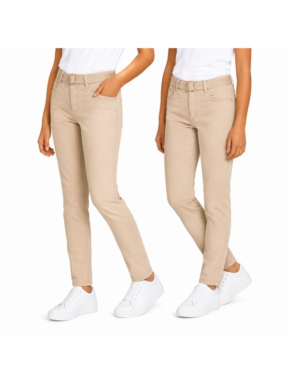 Girls School Uniform Pants Stretch Skinny Fit Pants 2 Pack