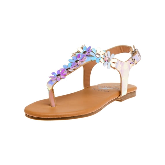 Beverly Hills Polo Club Girls Thong Sandal with Multi Flower Accents, Silver Hologram, Size: 8