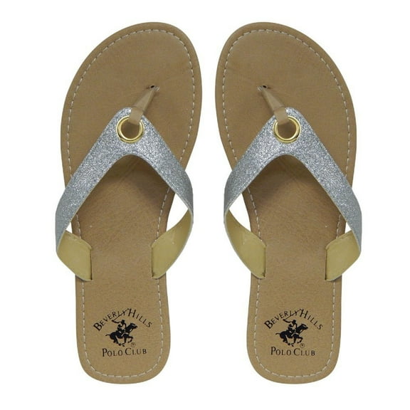 Beverly Hills Polo Club Glimmer Adult Women Sparkle Sandal Flip Flop Thong (Silver Size 6)