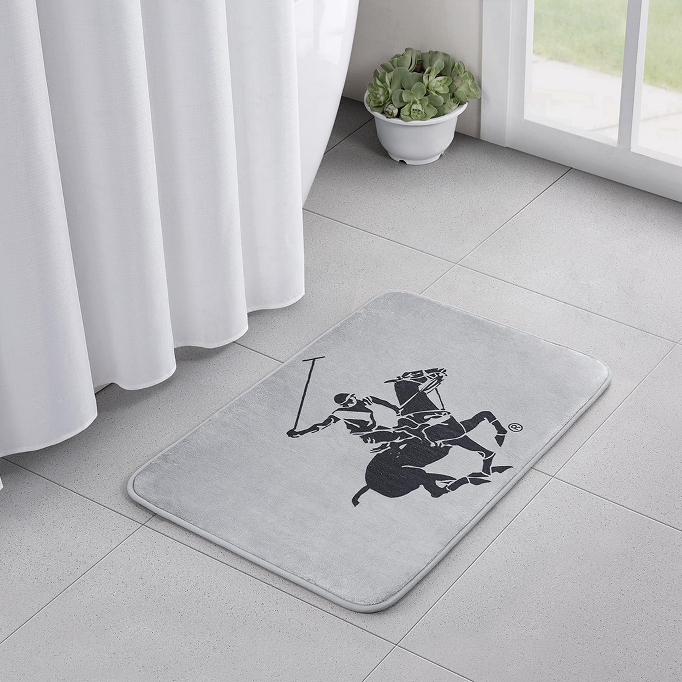 Beverly Hills Polo Club Logo Light Grey Polyester Bath Rug. 20" x 32"