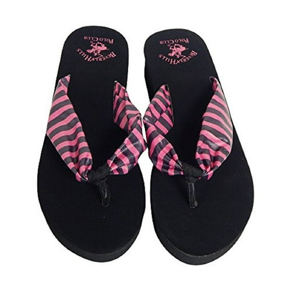 Beverly Hills Polo Club ROLA Adult Women Striped Platform Wedge Flip Flop Sandal Thong (Pink & Black Size 6)