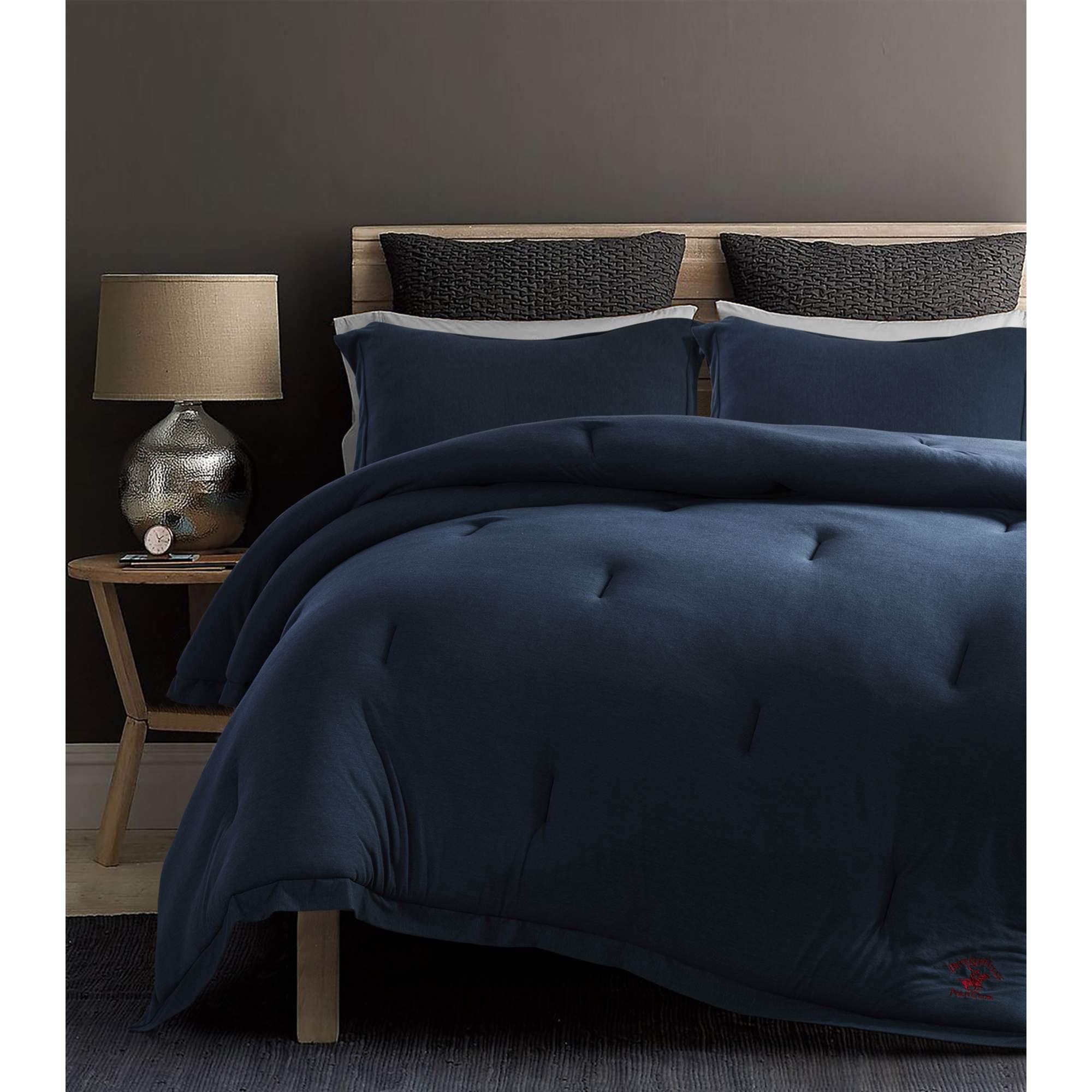 Beverly Hills Polo Club Solid Cotton Rich Ultra-Soft Jersey Knit 3 Pieces Comforter Set,1 Comforter, 2 Pillow Shams (Queen, Navy)