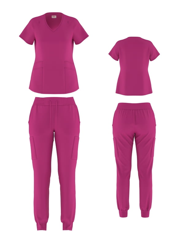 Beverly Hills Uniforms Women’s Stretch Yoga Jogger Scrub Set Top with Pants - Stretch V-Neck Scrub Top & Jogger Pant With 8 Pockets