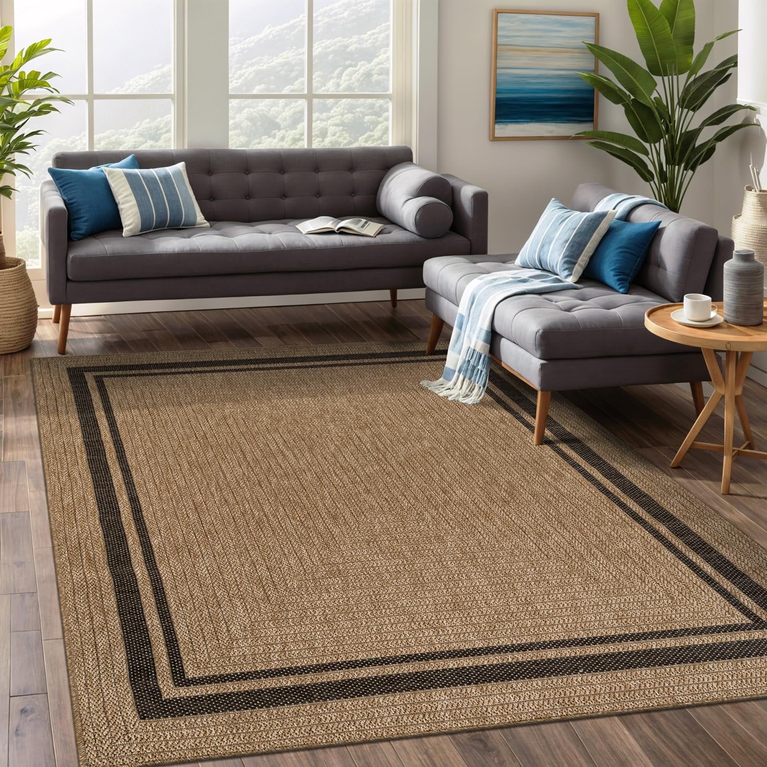 Beverly Rug Easy Jute Outdoor Indoor Non Shedding Easy-Cleaning Rug Bordered Natural 4x6